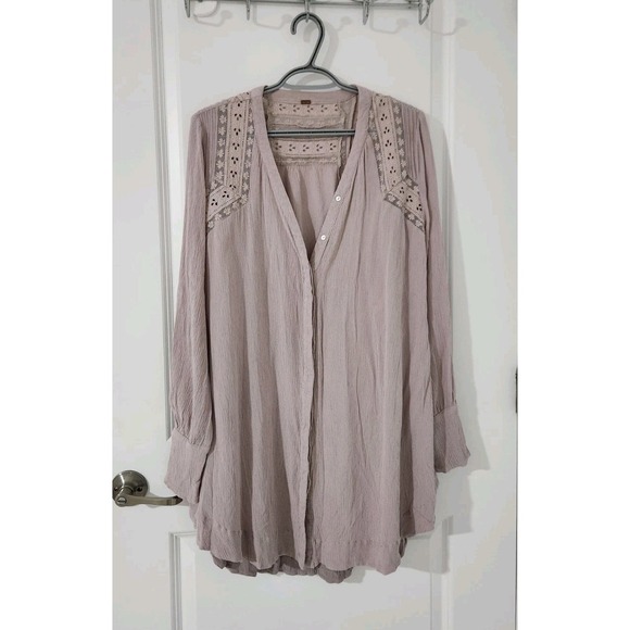 FREE PEOPLE Courtney Victorian Shirt Dress Eyelet Lace High Low Boho Size S - Picture 2 of 14